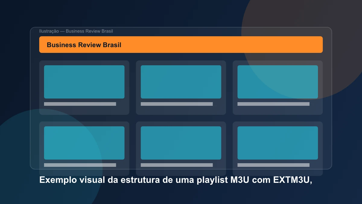 Exemplo visual da estrutura de uma playlist M3U com EXTM3U, EXTINF e endereço de mídia