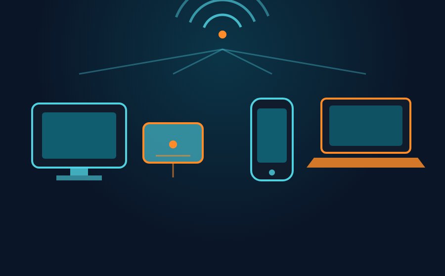 Ilustração de múltiplos dispositivos compatíveis com IPTV: TV, TV Box, celular e laptop