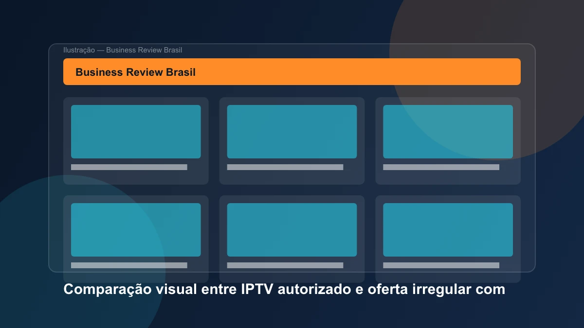 Comparação visual entre IPTV autorizado e oferta irregular com critérios de empresa, direitos, aplicativo e suporte