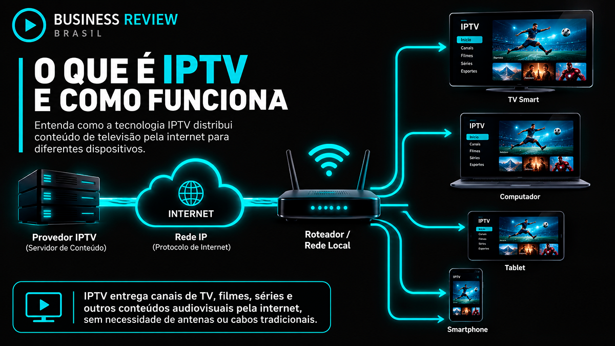 Diagrama mostrando como o IPTV distribui conteúdo pela internet para televisão, celular e computador
