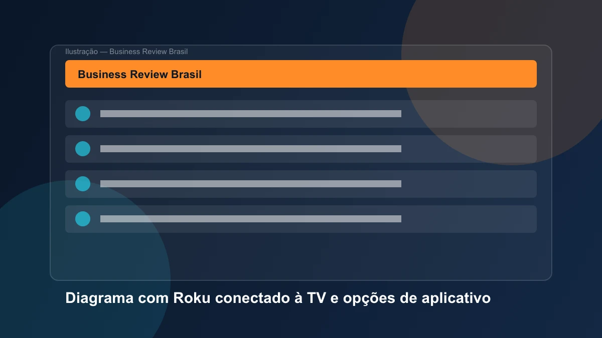 Diagrama com Roku conectado à TV e opções de aplicativo oficial, Roku Media Player, casting, espelhamento e AirPlay