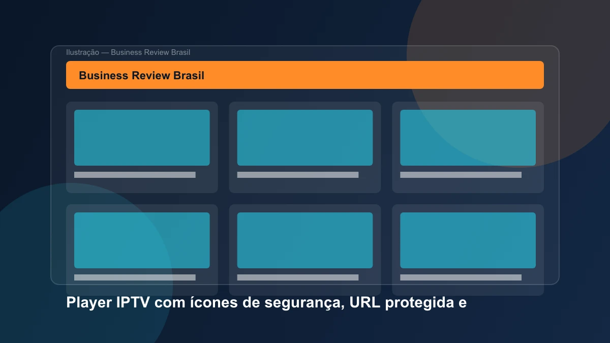 Player IPTV com ícones de segurança, URL protegida e atualização ao lado de uma playlist M3U