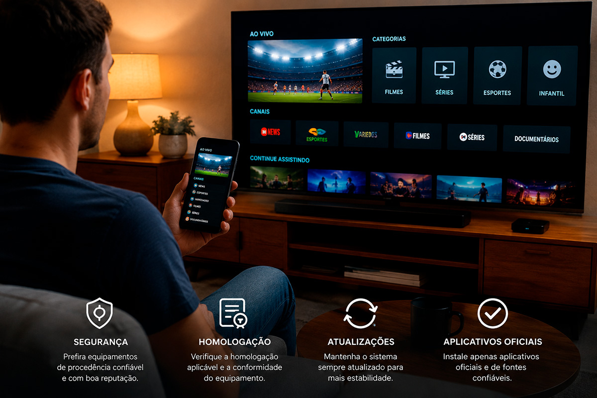 Pessoa testando IPTV em smart TV e celular simultaneamente