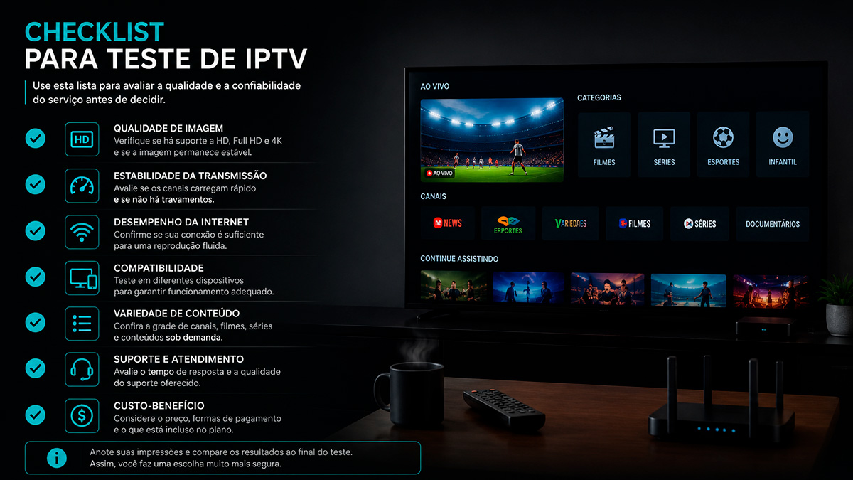Checklist visual dos critérios para avaliar durante o teste IPTV