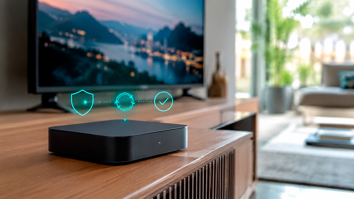 TV Box ao lado de televisão com ícones de segurança, homologação e aplicativo oficial